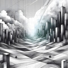 Wall Mural - A digital landscape of shifting geometric forms that begins as a pencil sketch and gradually transitions into digital rendering