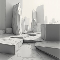 Wall Mural - a digital landscape of shifting geometric forms that begins as a pencil sketch and gradually transit