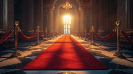 Wall Mural - Empty red carpet with velvet ropes and polished stanchions, abandoned at the entrance of a grand ballroom, morning sunlight filtering through