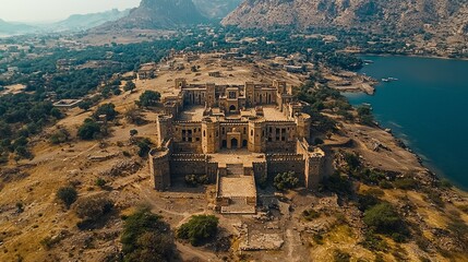 Wall Mural - Aerial view of Kumbhalgarh Fort, Rajasthan, India; overlooking a lake and hills