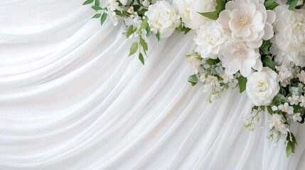 Wall Mural - A soft, elegant backdrop featuring flowing white fabric adorned with lush white flowers and greenery, weddings or special events.