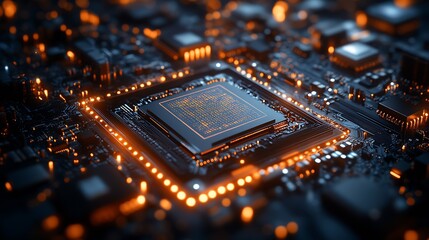 Aufkleber - High Tech Circuit Board With Glowing Central Processing Unit Computer Technology : Generative AI