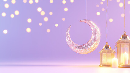 Wall Mural - Purple ramadan background featuring glittery moon and shiny blush gold lantern, aesthetic look