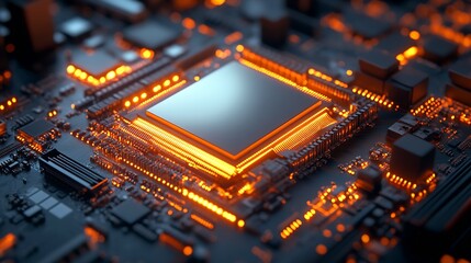 Aufkleber - Close-Up View of an Advanced Microprocessor on a Circuit Board with Neon Orange Lighting : Generative AI
