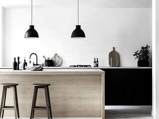 Canvas Print - Minimalist Scandinavian Kitchen Interior with Wooden Accents and Black Decor : Generative AI