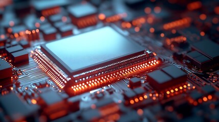 Fototapete - Futuristic computer chip on circuit board with glowing lights in advanced technology setting : Generative AI