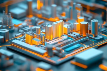Aufkleber - Futuristic City Model with High-Tech Orange Glow Representing Modern Urban Technology and Innovation : Generative AI