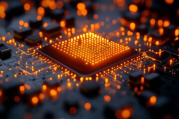 Poster - Glowing Circuit Board with Illuminated Chip and Electronic Components in Focus : Generative AI