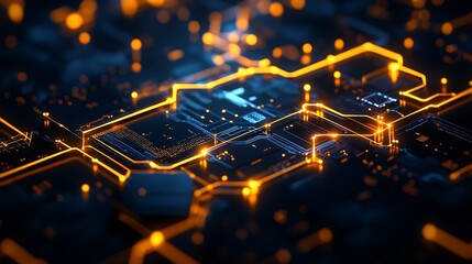 Poster - Futuristic Glowing Circuit Board in High Tech Environment with Orange Lines on Dark Background : Generative AI