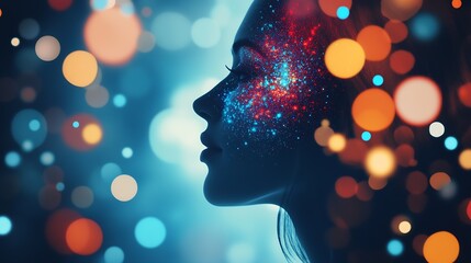 Aufkleber - Silhouette of Woman with Cosmic Light Effects in Vivid Bokeh on Blue Background : Generative AI