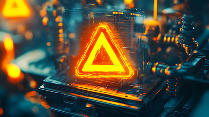 Wall Mural - Glowing Orange Warning Triangle on Dark Blue Circuit Board