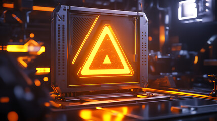 Canvas Print - Glowing Orange Warning Triangle On Dark Futuristic Panel