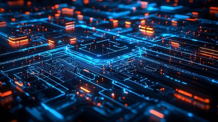Poster - Creative glowing circuit board with blue and orange highlights for high-tech themes : Generative AI
