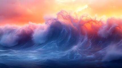 Wall Mural - Dramatic ocean waves sunset, vibrant colors, powerful surge, fantasy art, website banner
