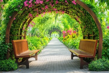 Wall Mural - A tranquil garden scene with a simple wooden bench under an archway decorated with ivy and delicate white blossoms.