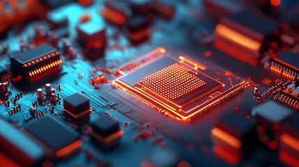 Poster - Closeup Futuristic Glowing Circuit Board with Microchip Technology : Generative AI