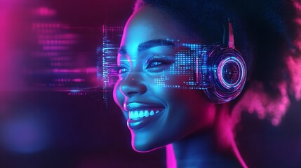 Aufkleber - Futuristic Woman with Virtual Reality Headset in Neon Lights : Generative AI