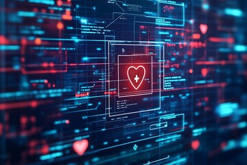 Poster - Healthcare Heart Symbol in Digital Network Abstract Background : Generative AI
