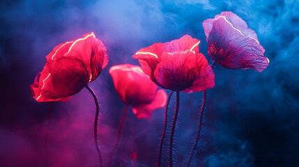 Wall Mural - Glowing Red Poppies in Smoky Blue Digital Art