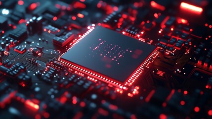 Aufkleber - Red Illuminated Circuit Board with Central Microchip Focused in Detail : Generative AI