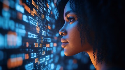 Aufkleber - Woman Analyzing Digital Code with a Thoughtful Expression and Cyberspace Background : Generative AI