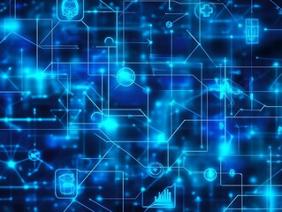 Fototapete - Futuristic digital interface network technology with glowing blue holographic icons : Generative AI