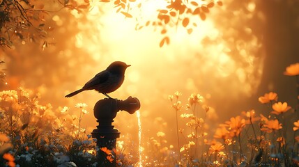 Wall Mural - Bird Sunset Garden Faucet Water Flower Drink