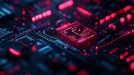 Fototapete - Futuristic Microchip on Circuit Board with Red Light Elements and Advanced Electronic Design : Generative AI