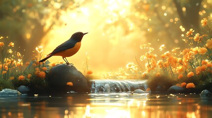Wall Mural - Golden hour bird serene stream wildflowers