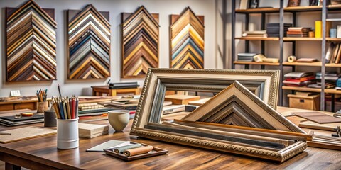 Artisanal craftsmanship in action, showcasing custom frame samples with various corner framing styles displayed on a workbench or studio table , decorative frames, custom frames