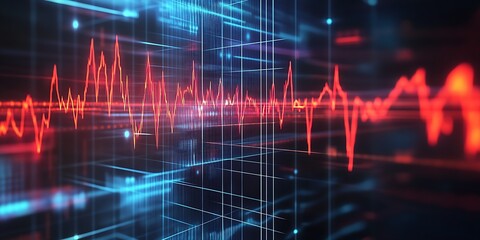 Fototapete - Dynamic Sound Wave Interface with Neon Blue and Red Highlights : Generative AI