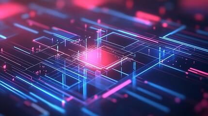 Fototapete - Futuristic Digital Circuit with Neon Blue and Pink Lighting Effects : Generative AI