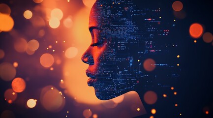 Aufkleber - Elegant Profile of a Young Woman with Tech Circuitry and Warm Lighting : Generative AI