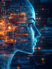 Leinwandbilder - Futuristic Digital Face with Complex Geometric Cybernetic Patterns and Lighting Effects : Generative AI