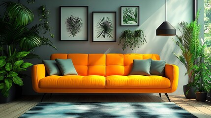 Canvas Print - Modern Living Room Interior with Vibrant Yellow Sofa and Plant Decor : Generative AI