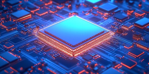 Poster - Futuristic Blue Circuit Board with Glowing Central Microchip Technology Innovation : Generative AI