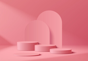 Wall Mural - 3d pink round podium set background in valentine's day concept. abstract geometric composition in mi
