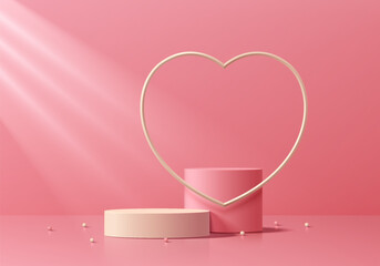 Wall Mural - 3d pink round product podium background with heart frame in valentine. abstract composition in minim