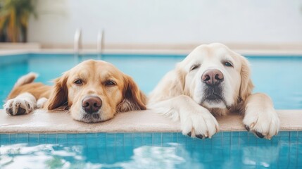 Wall Mural - Pet-friendly travel offers joyful journeys and outdoor adventures. Two dogs relaxing by a poolside, enjoying a sunny day.