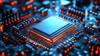 Poster - Electronic Circuit Board Highlighting Central Chip with Blue Glow and Orange Accents : Generative AI