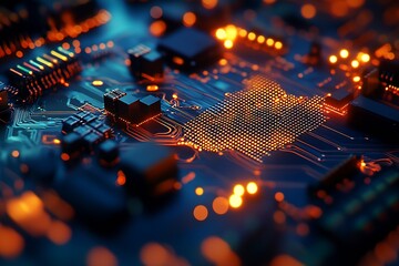 Fototapete - Closeup of Circuit Board with Orange Illuminated Chips and Electronic Patterns for Digital Technology : Generative AI
