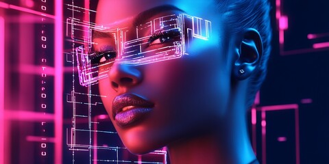 Poster - Futuristic Avatar with Digital Glasses in Neon Blue and Pink Environment : Generative AI