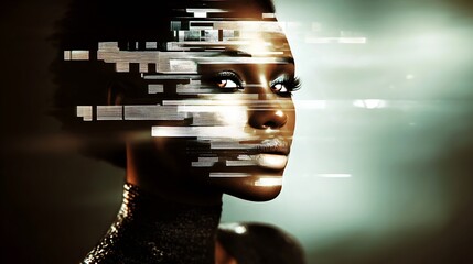 Poster - Innovative Cyber Art with Woman's Face and Futuristic Distortion in Abstract Studio Setting : Generative AI