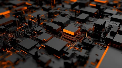 Fototapete - Dynamic Black and Orange Circuit Board Design with High-Tech Aesthetic : Generative AI