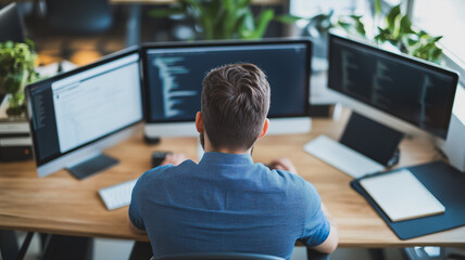 Wall Mural - focused on code: a programmer hunches over three monitors, fingers flying across the keyboard, immer