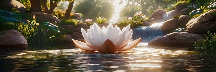 Wall Mural - Serene Lotus Blossom in Tranquil Forest Stream Surrounded by Lush Greenery and Reflections.