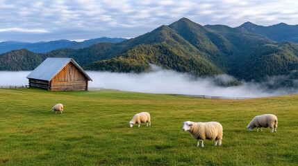 Wall Mural - foggy morning on rural farm with sheep grazing in serene landscape