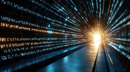 futuristic tunnel with glowing binary code and bright light at end