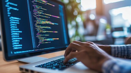 Programmer coding on laptop, software development.