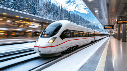 Sticker - high speed train traveling through snowy landscape at modern station